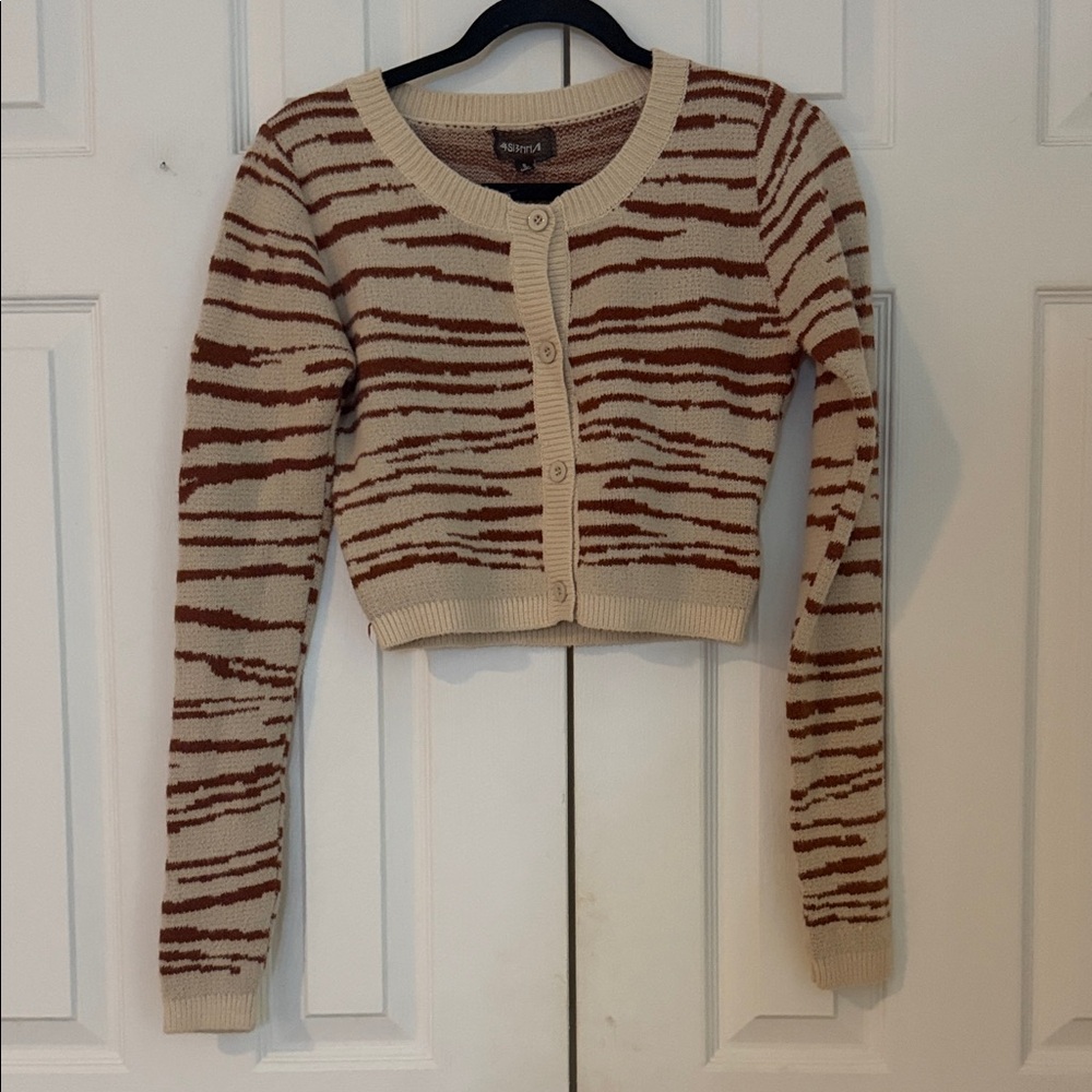 4SI3NNA Cream and Brown Striped Cardigan & Skirt Top small Skirt extra small